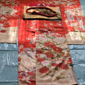 振り袖、袋 帯 、帯締め 、帯揚げ、新品長襦袢 セット 正絹 牡丹 菊 梅 花柄 金糸 華やか
