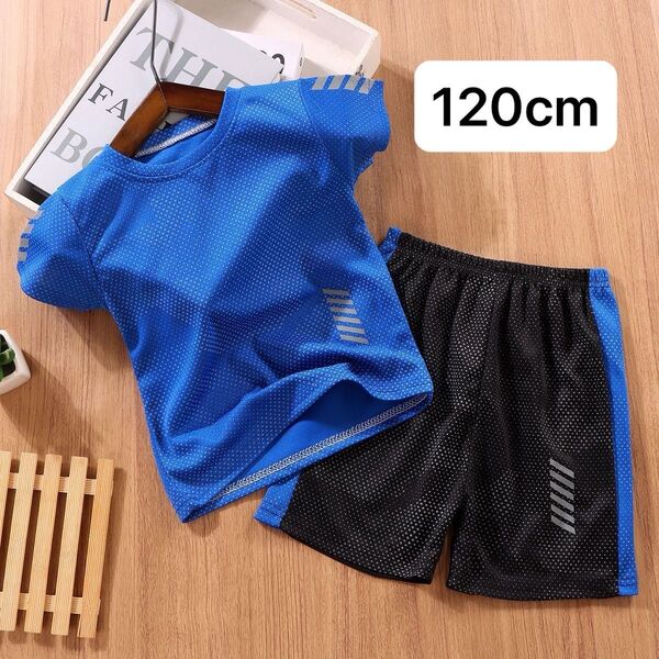 キッズ 120cm セットアップ 半袖 Tシャツ 上下セット ハーフパンツ 青 ブルー 薄手 半ズボン 涼しい 部屋着