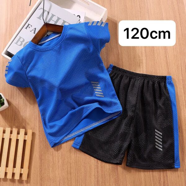 キッズ 120cm セットアップ 半袖 Tシャツ 上下セット ハーフパンツ 青 ブルー 薄手 半ズボン 涼しい 部屋着