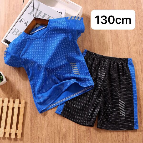 キッズ 130cm セットアップ 半袖 Tシャツ 上下セット ハーフパンツ 青 ブルー 薄手 半ズボン 涼しい 部屋着