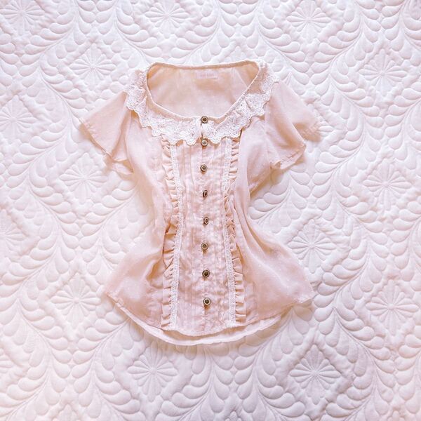 LIZLISAレース フリル ドットフロッキー シアーブラウス ピンクベージュ