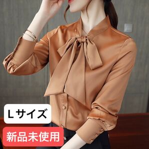 【新品】レディース リボン タイ 長袖 シャツ ブラウス オレンジ Lサイズ