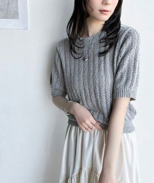 mily bilet サマーニット スパンコール使い透かし編みプルオーバー M