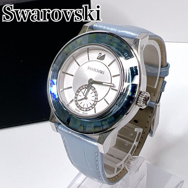 【美品】Swarovski スワロフスキー Octea クラシカ ライトブルー レザー 白鳥 スワン 腕時計 5131874