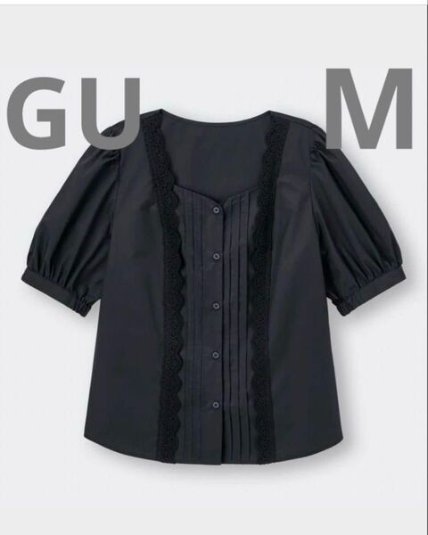 GU ジーユー レースコンビネーションボリュームスリーブブラウス ブラック