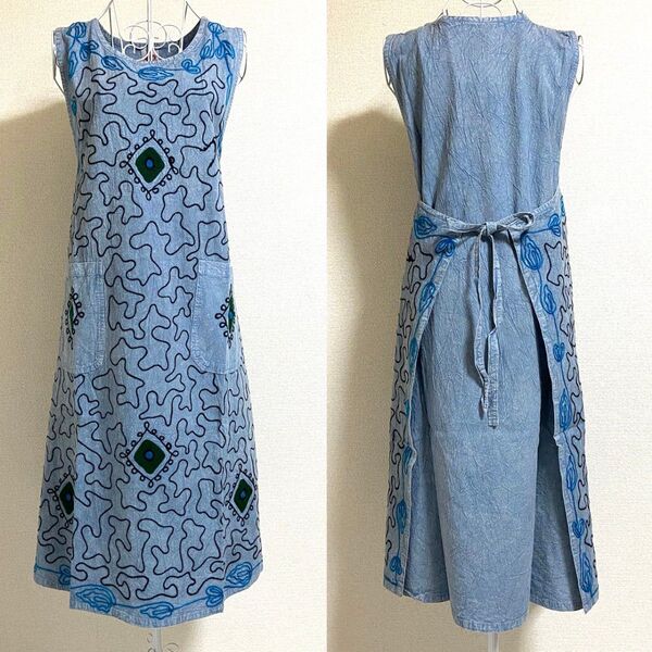 未使用タグ付◆インド綿【刺繍エプロンドレス】ロングワンピース風 体型カバー フリーサイズ おしゃれ