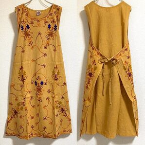 未使用タグ付◆インド綿【刺繍エプロンドレス】ロングワンピース風 エプロン 体型カバー フリーサイズ おしゃれ
