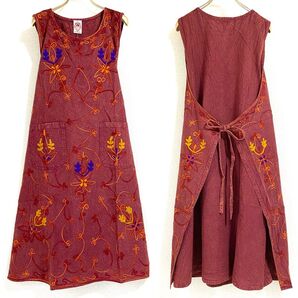 未使用タグ付◆インド綿【刺繍エプロンドレス】ロングワンピース風 エプロン 体型カバー フリーサイズ おしゃれ