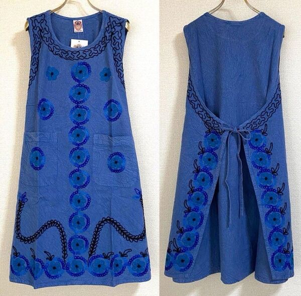 未使用タグ付◆インド綿【刺繍エプロンドレス】ロングワンピース風 エプロン 体型カバー フリーサイズ おしゃれ