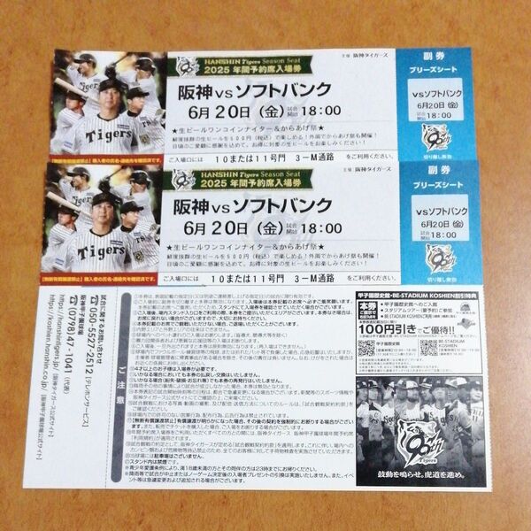 6月20日(金) 阪神甲子園球場 阪神 vs ソフトバンク ブリーズシート指定席 2枚 連番