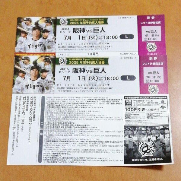 7月1日(火) 阪神甲子園球場 阪神 vs 巨人 レフト外野指定席 2枚 連番 入場者プレゼントデー