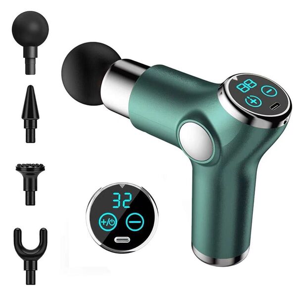 筋膜リリースガン MINI 32段階振動強力振動 筋膜ガン 4個ヘッド付属 Type-C充電式 軽量460g 緑