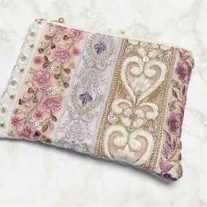 ハンドメイド インド刺繍リボンポーチ