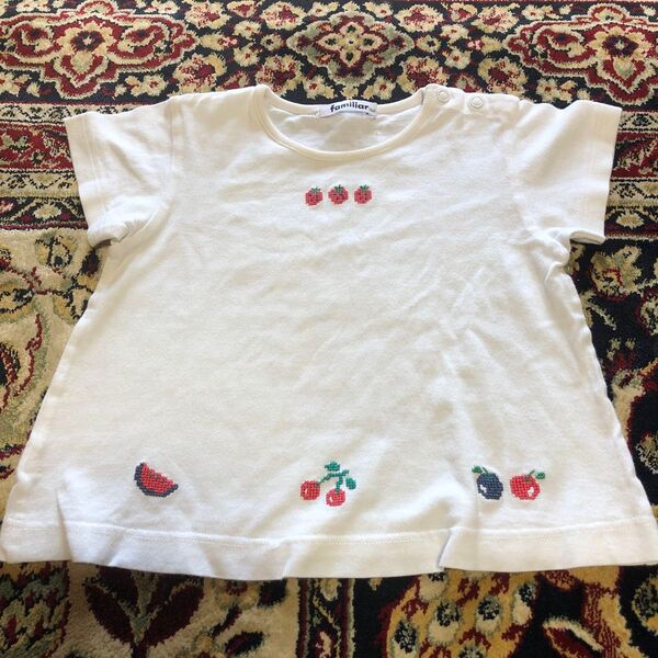 【美品】familiar フルーツ刺繍Tシャツ 100オフホワイト女の子“お値引中”
