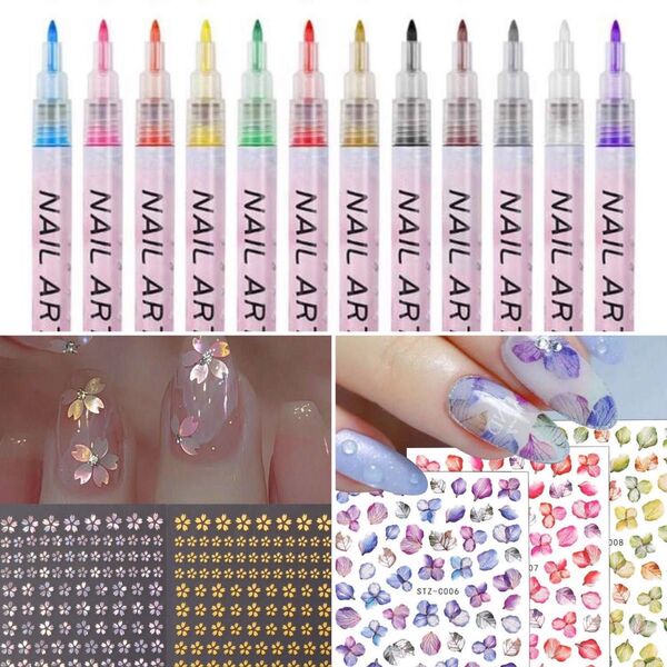 ネイルアートペン12本入り+お任せネイルシールアソート6枚入りセット【限定】