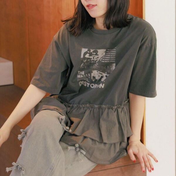 niko and ニコアンド tシャツ 布帛コンビフリルロックTシャツ