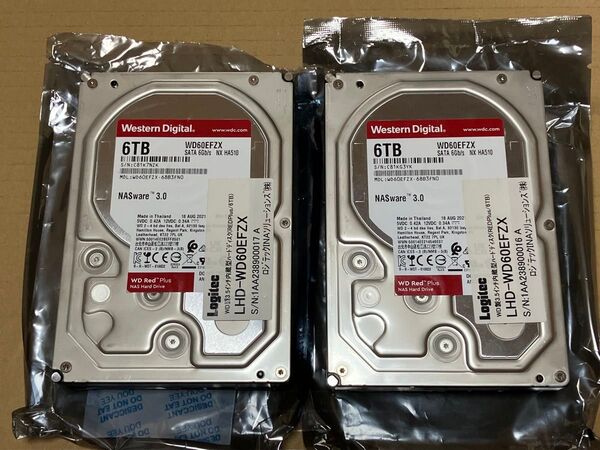 2個セット WD 6TB Red Plus WD60EFZX 2021年製 NAS HDD ハードディスク 3.5インチ SATA