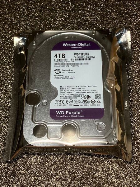 【20時間】WD 4TB WD43PURZ PURPLE パープル HDD ハードディスク 3.5インチ 2024年製
