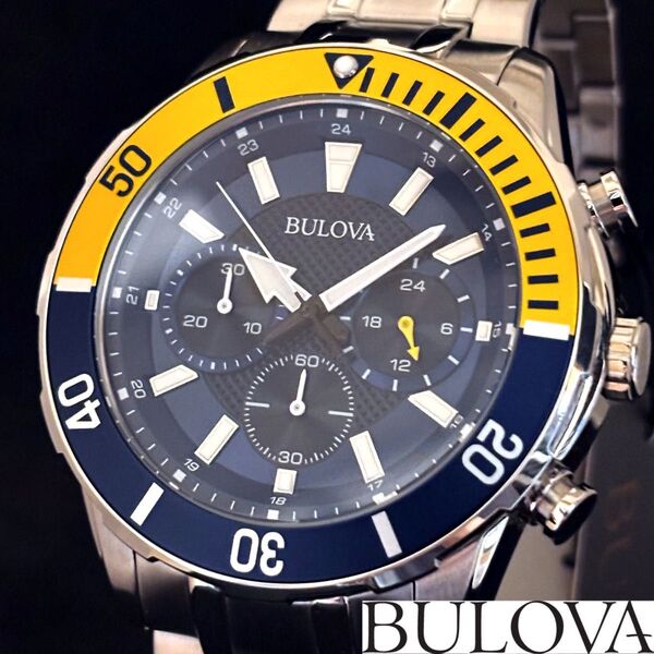 【BULOVA】ブローバ/メンズ腕時計/お洒落/クロノグラフ/激レア/男性用/イエローゴールド.シルバー.ブルー色/プレゼントに