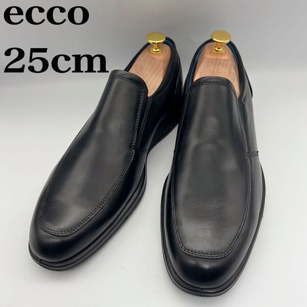 【美品】 ecco エコー レザー スリッポン ブラック 25cm 黒 革靴 シューズ ローファー 靴