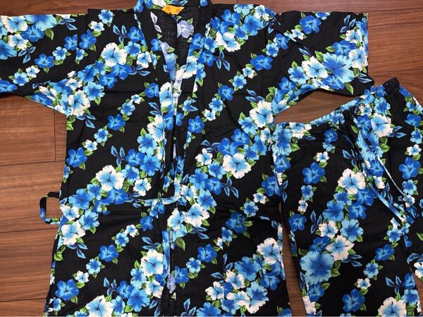 甚平、レディース、夏、Mサイズ、夏祭り 上下セット、黒、ブルー