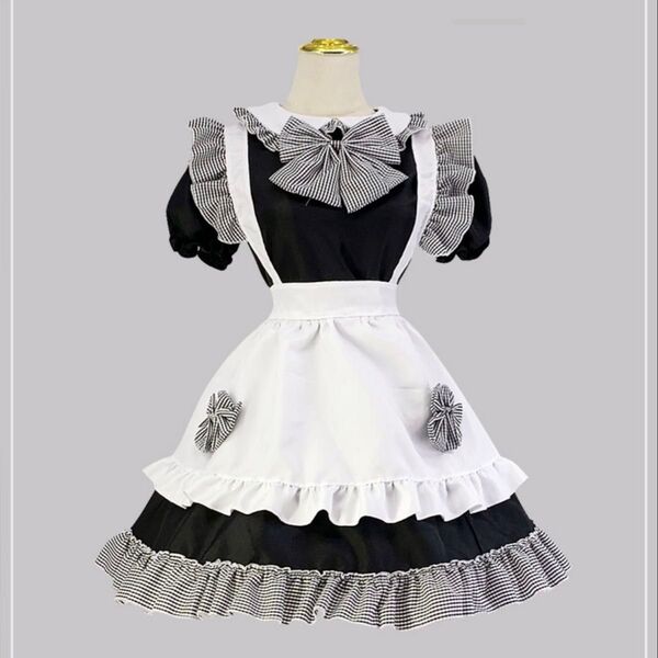 新品未使用 メイド服 コスプレ レディース メイド チェック柄 4点セット 黒