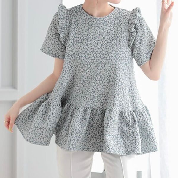 O.S KIDS フラワージャガードティアードトップス Mサイズ ブルー