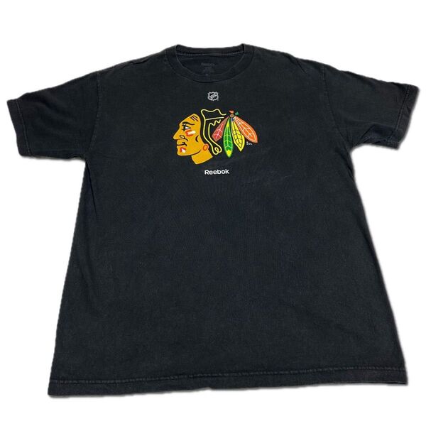 【Used】Reebok NHL シカゴ・ブラックホークス クルーネックTシャツ L 黒 ブラック 古着