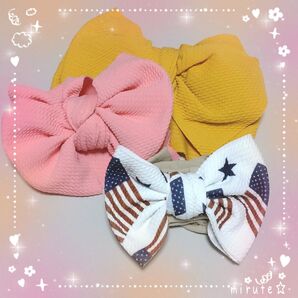 【新品未使用】 ベビーヘアバンド 3個セット リボン ピンク イエロー 星条旗 ピンク訳あり