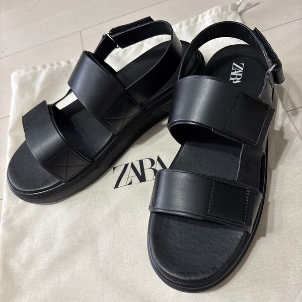 ZARA メンズ ザラ ブラック レザー サンダル