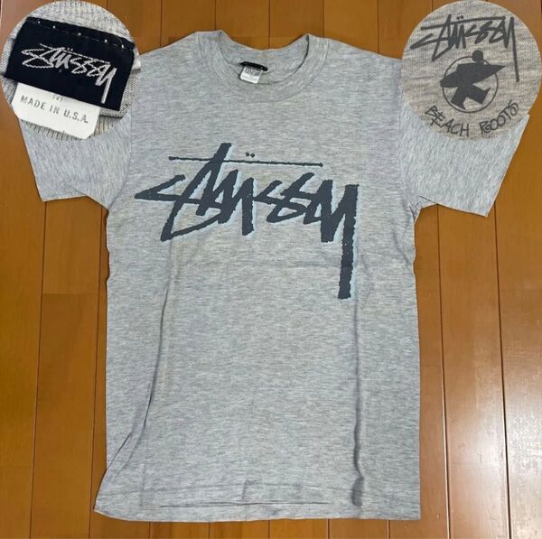 STUSSY BEACH ROOTS サーフマン Tシャツ グレー old 80s 黒タグ USA製 サイズM