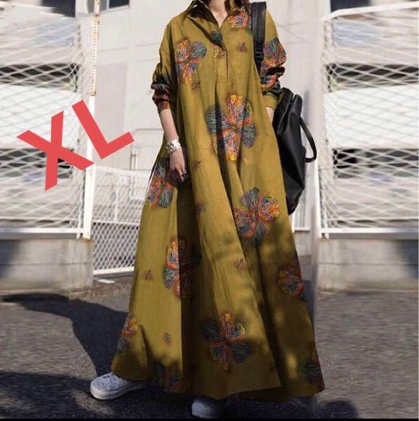 ロングワンピース 大きいサイズ 花柄 長袖 体型カバー 春 夏 LWGA004
