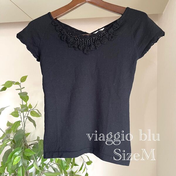 viaggio bluビアッジョブルー サマーニットニット 半袖カットソー ブラック 花柄モチーフニットカットソー M
