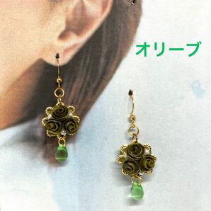 オリーブ色の薔薇のピアス☆しずく♪ロザフィ