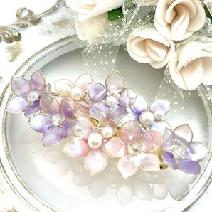 ライラックのバレッタ ハンドメイド ディップフラワー ピンク パープル