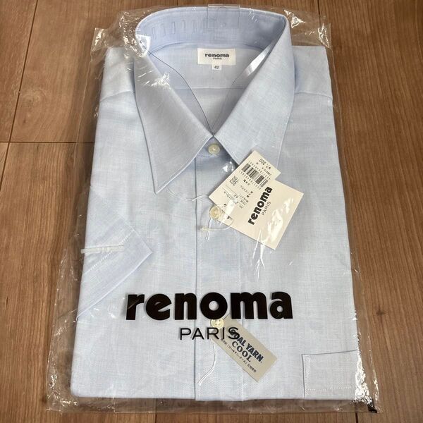 renoma レノマ 半袖 ワイシャツ 麻混 サイズ42 ブルー 日本製
