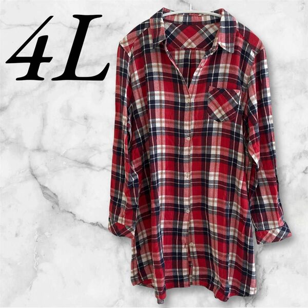 レディース 大きいサイズ 4L 赤 チェック柄 レッド 長袖 ロングシャツ