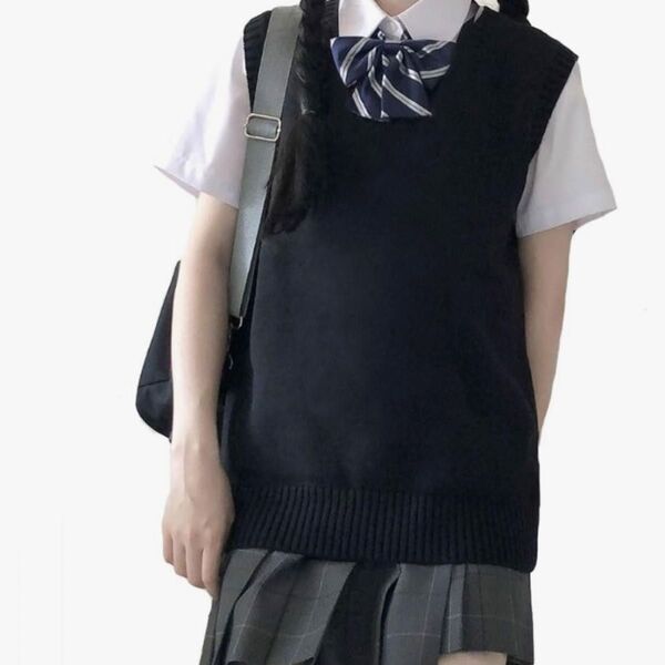 スクールベスト ニット ノースリーブ 制服 Vネック ブラック 黒