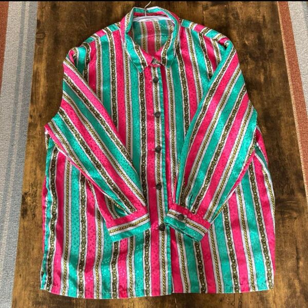 最終価格 vintage スカーフ柄 グリーン ピンク 柄シャツ ヴィンテージ XL