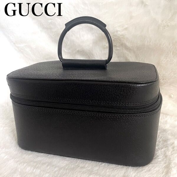 GUCCI コスメポーチ バニティバッグ レザー ブラック 大容量 ハンドバッグ コスメボックス