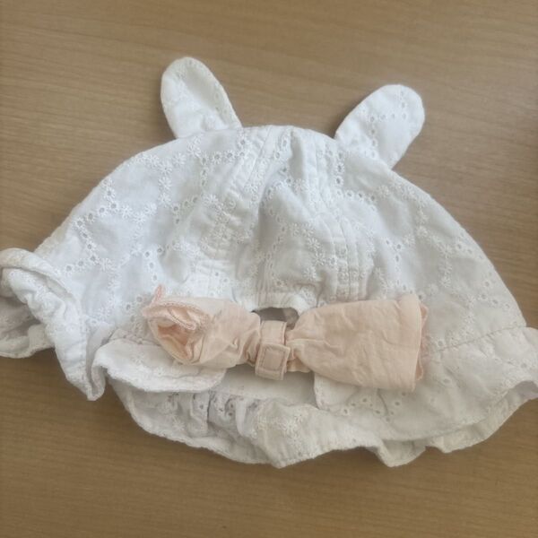 訳あり格安!子ども用 帽子 白 うさぎ うさ耳 リボン 50cm 赤ちゃん 日除け付き 日焼け防止