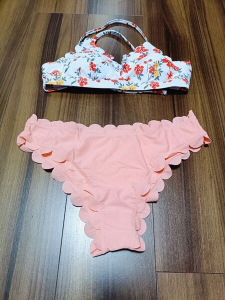 【新品】花柄ビキニ×スカラップショーツ 水着セット Mサイズ 韓国風 大人可愛い