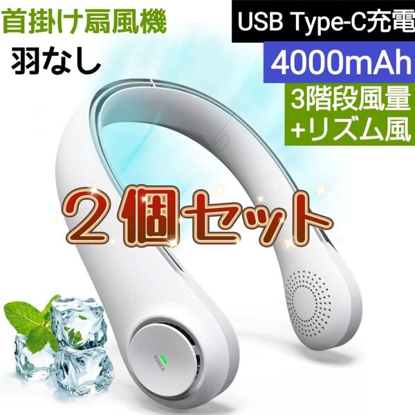2個 首掛け扇風機 羽根なし 4000mAh 大容量 ネッククーラー 扇風機 4段階 リズム風対応 静音 軽量 Type-C充電式