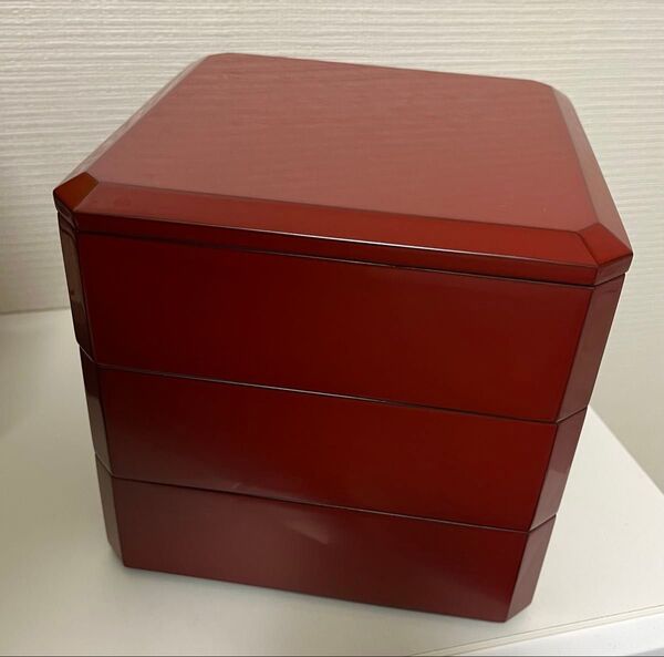 相田啓介作 隅切重(木地本漆塗)会津塗 古代朱 うるし お重箱 重箱 三段重 漆器