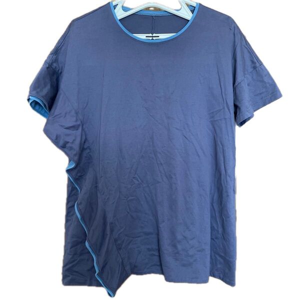 【JUNKO KITO】レディース(バスト幅53)【ブルー系ツートンカラー 片側フリル 綿100% 半袖Tシャツ カットソー】