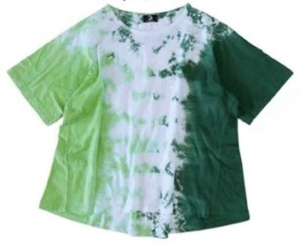 袋入り新品◆レディースF【左右濃淡グリーン系タイダイ柄 コットン 半袖Tシャツ 】バスト幅58cm位