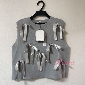 【新品】CADUNE カデュネ Many リボンニット ノースリニット グレー ブラウス チュニック タンクトップ