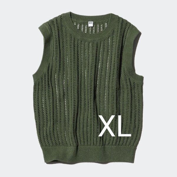 UNIQLO メッシュクルーネックショートセーター/ノースリーブ オリーブ XL