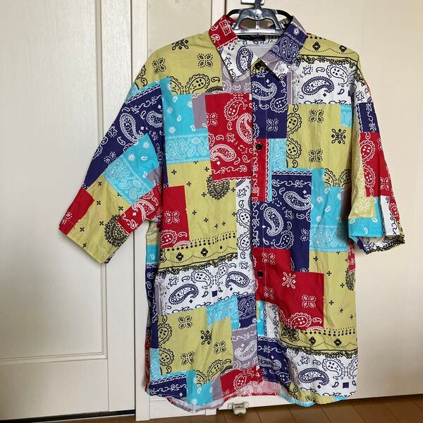 ペイズリー柄 パッチワークシャツ マルチカラー 古着 MENS M