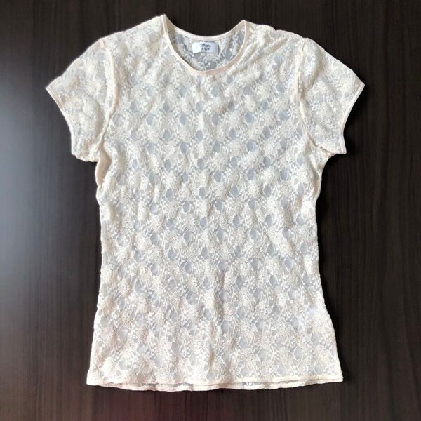 花柄レース Lサイズ シアーTシャツ 半袖 トップス カットソー 白 オフホワイト 半袖Tシャツ 日本アムウェイ アムウェイ
